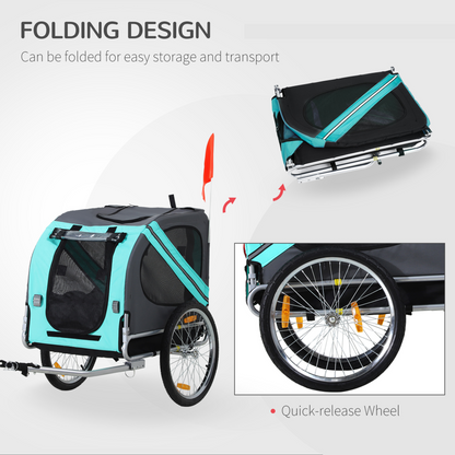 PawHut Folding Dog Bike Trailer Pet Cart Carrier for Bicycle Travel in Steel Frame with Hitch Coupler - Light Blue & Grey
