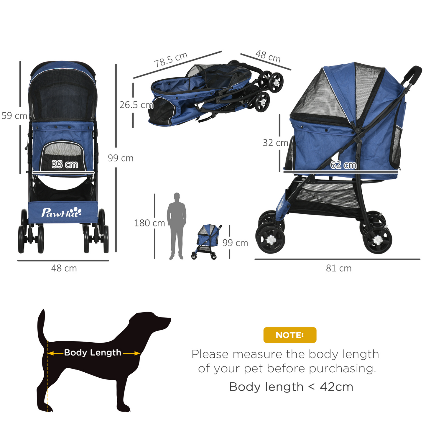 PawHut Pet Stroller Dog Pram Pushchair Cat Travel Carriage W/ Universal Wheels, Brake, Canopy, Storage Bag - Blue