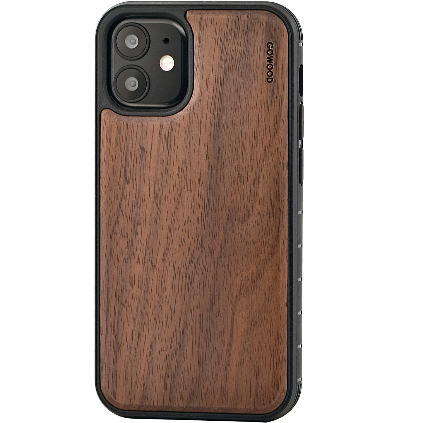 iPhone 12 Mini wood case walnut backside with TPU bumper and black PC