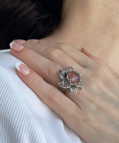 Lotus Flower Cherry Quartz Gemstone Women Silver Statement Ring