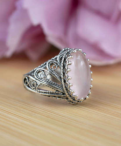 Filigree Art Rose Quartz Gemstone Angel Design Women Silver Cocktail Ring