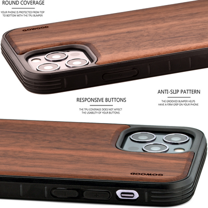 iPhone 12 Mini wood case walnut backside with TPU bumper and black PC